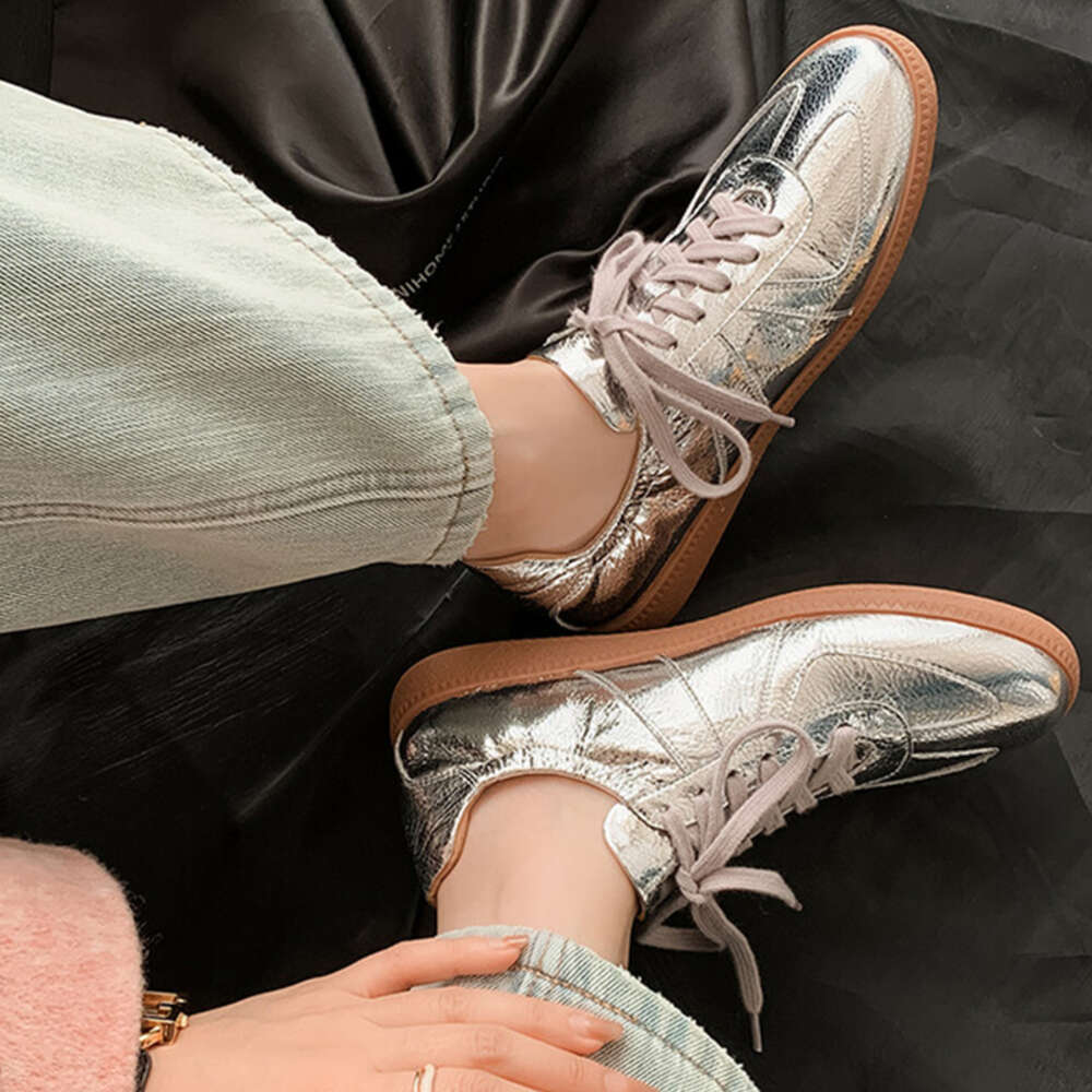 JOZHAMTA Size 34-40 Women Sneakers Real Leather Casual Flats Metallic Sier Gold Lace Up Elastic Tennis Athletic Shoes 250225