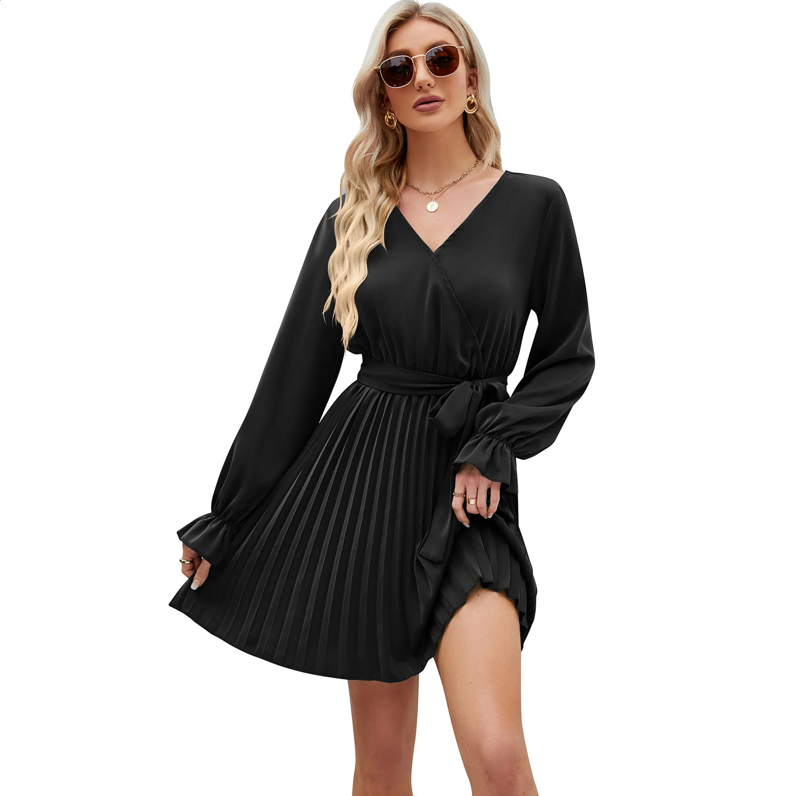Womens Dress Spring Autumn Female Long Sleeve Dress V-neck Lace Casual Pleated Dress Soft Comfy Vintage Womens Dress 240819