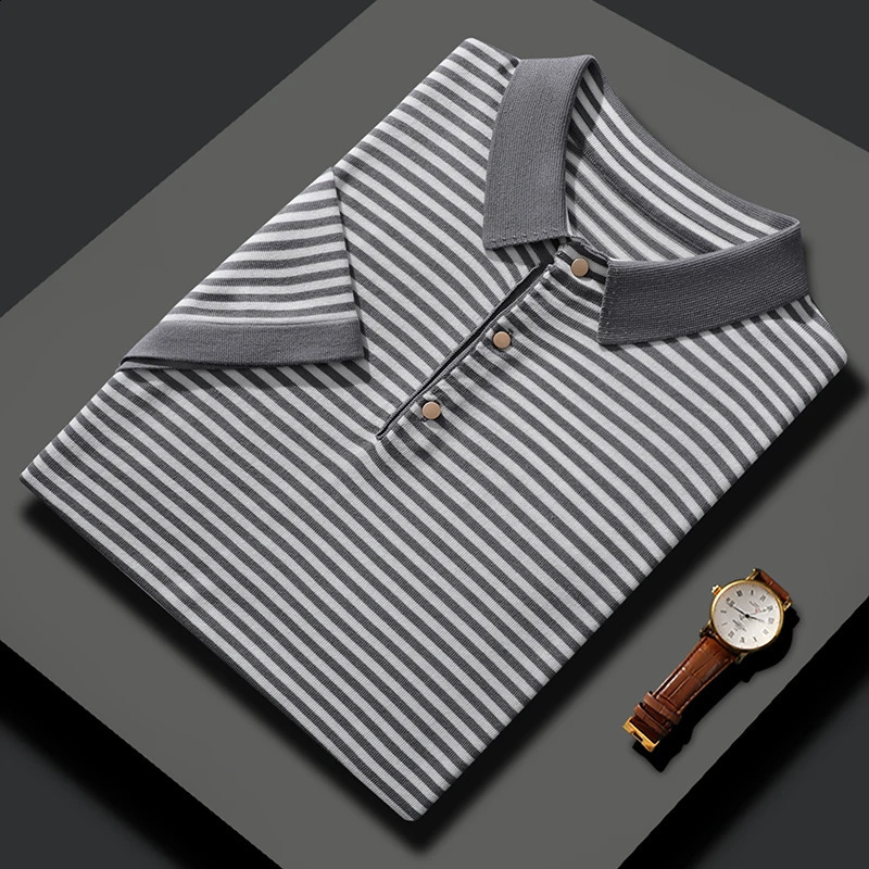 MVLYFLRT Mens T-shirt Summer Silk Short Sleeve Fashion POLO Collar Striped Tank Top Casual Large Top 240820