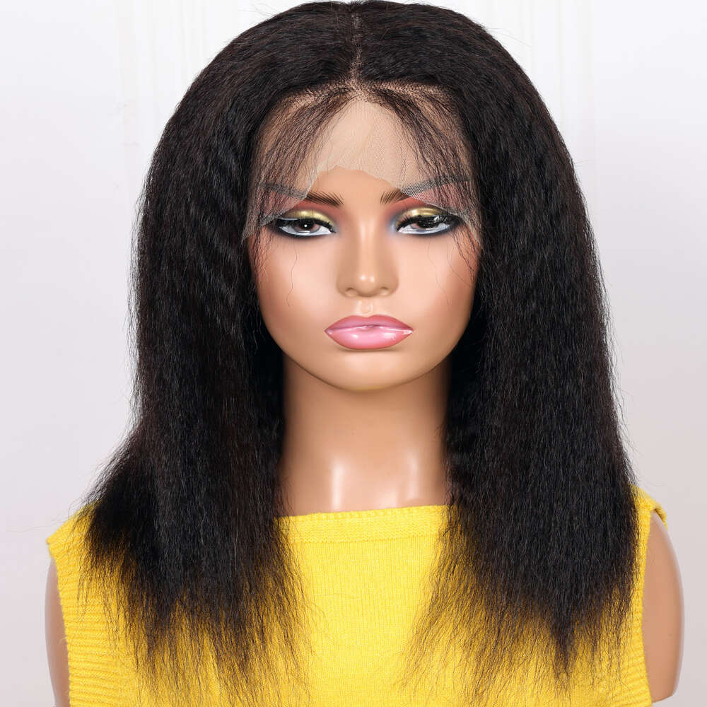 Soft Yaki Preplucked Middle Part Short Bob 16Inch 180Density Kinky Straight Synthetic Lace Front Wig With Baby Hair Glueless