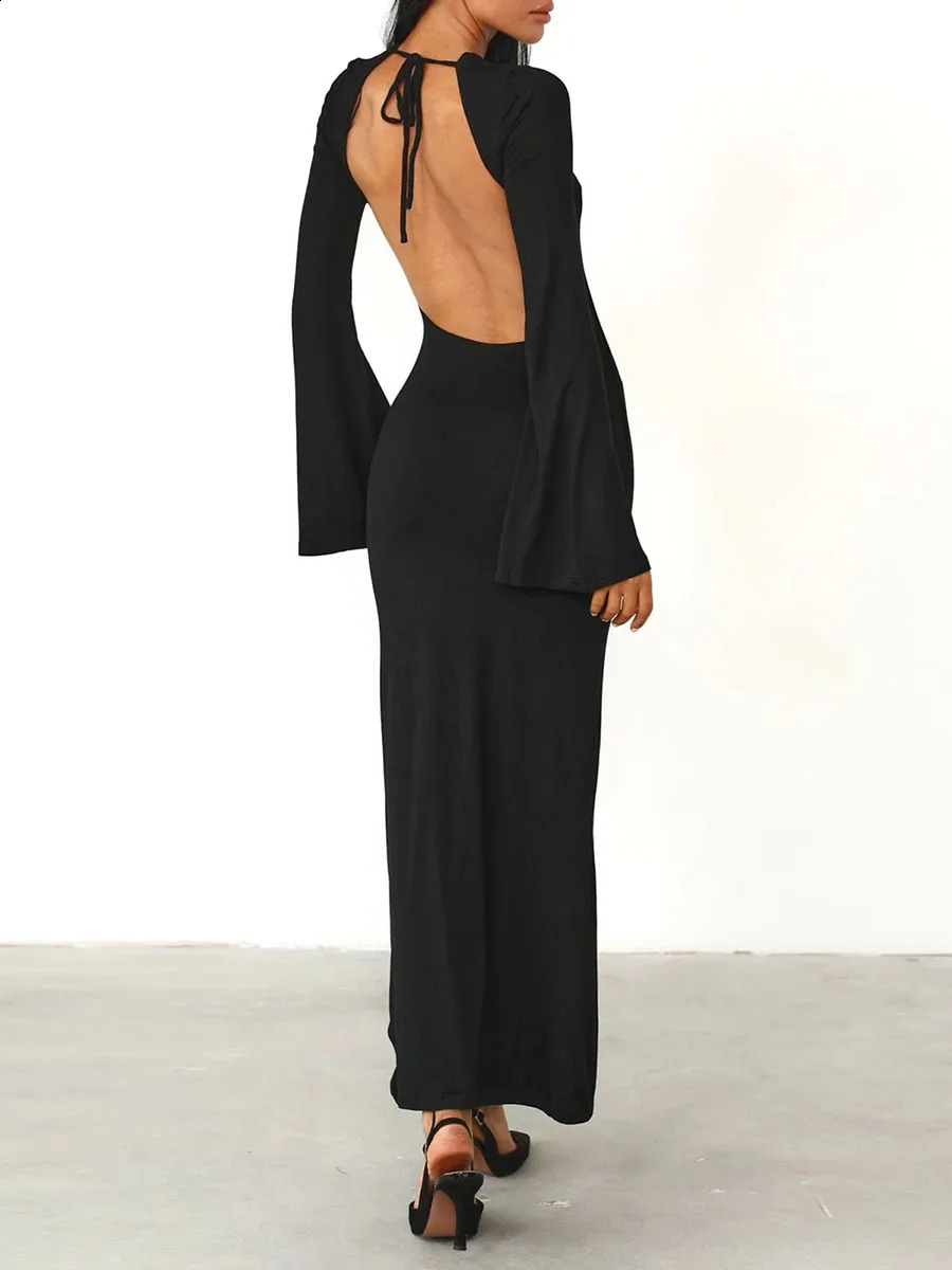 Women Backless Elegant Sexy Chic Long Dress Solid Color Black Long Sleeve Fashion Tie Back Boat Neck Slim Dress 240819