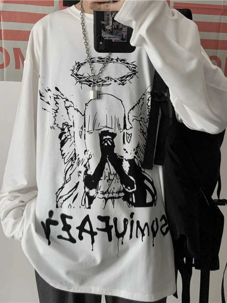 T shirt for men Autumn mens clothing Long Sleeve T-shirt O-neck oversize Tee Oversized Gothic Dark Academia Y2k Tshirt Male TopXJ240819