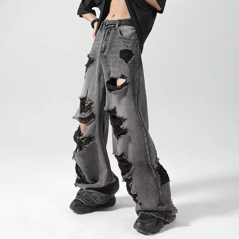 Hole Hip Hop Jeans Men High Street Loose American Style Vintage Straight All-match Youthful Leisure Vibe Wide Leg Y2k Harajuku 240819