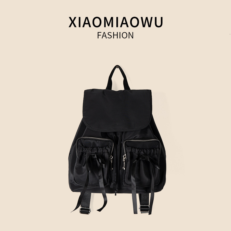 Multi pocket pleated nylon simple bow flap backpack, women's high-end and lightweight travel backpack