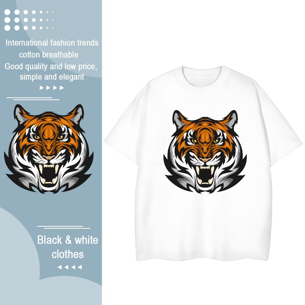 Classic T-Shirts tiger Round Neck Short Sleeve Spring Summer Anime 230g 100% Cotton Mens Tshirts 2024 Tops