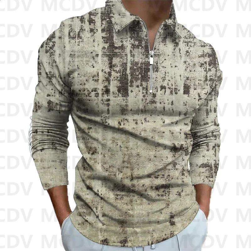 Mens Long Sleeve Zipper Polo Shirt Retro Pattern 3D Printed Polo Long Sleeve T Shirt Autumn Casual Tops 240820