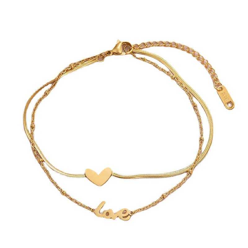 Luxury brand jewelry double-layer heart-shaped letter anklet snake chain womens gold stainless steel womens jewelry does not fade W240815