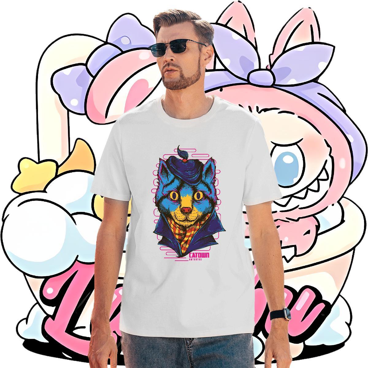 Loose Men Tees Casual Daily Wear 230g Cotton Skull Round Neck Short Sleeve Blue cat T shirt Designer Fashion Tops Shirt