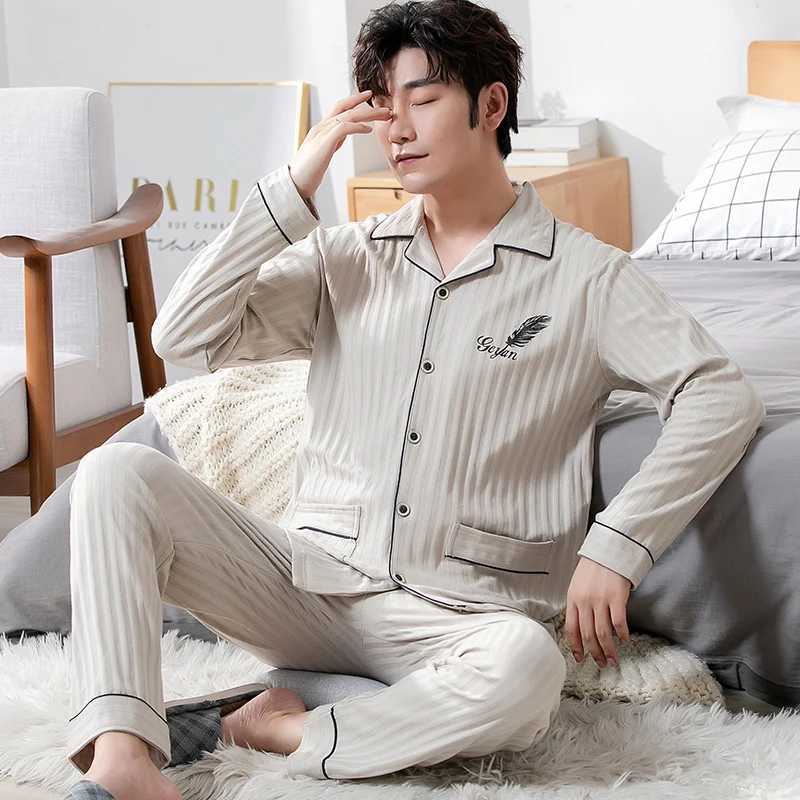 L-5XL Autumn Luxury Pajama Knitted Cotton Mens Pajama Set Long Sleeve Pajama Plus Size Pajama PJW240719
