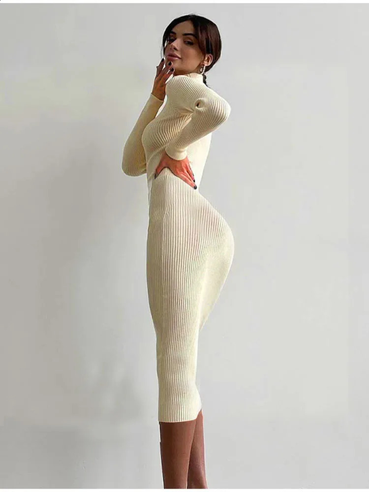 Autumn Winter Women Turtleneck Knitted Dresses Elegant Solid Bodycon Long Sleeve Sweater Dress Spring Office Lady Sexy Dresses 240819