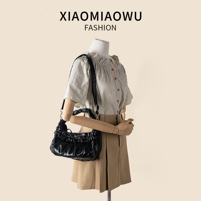 Small niche pleated high-end work handbag, bow PU summer shoulder crossbody bag, women's versatile bag