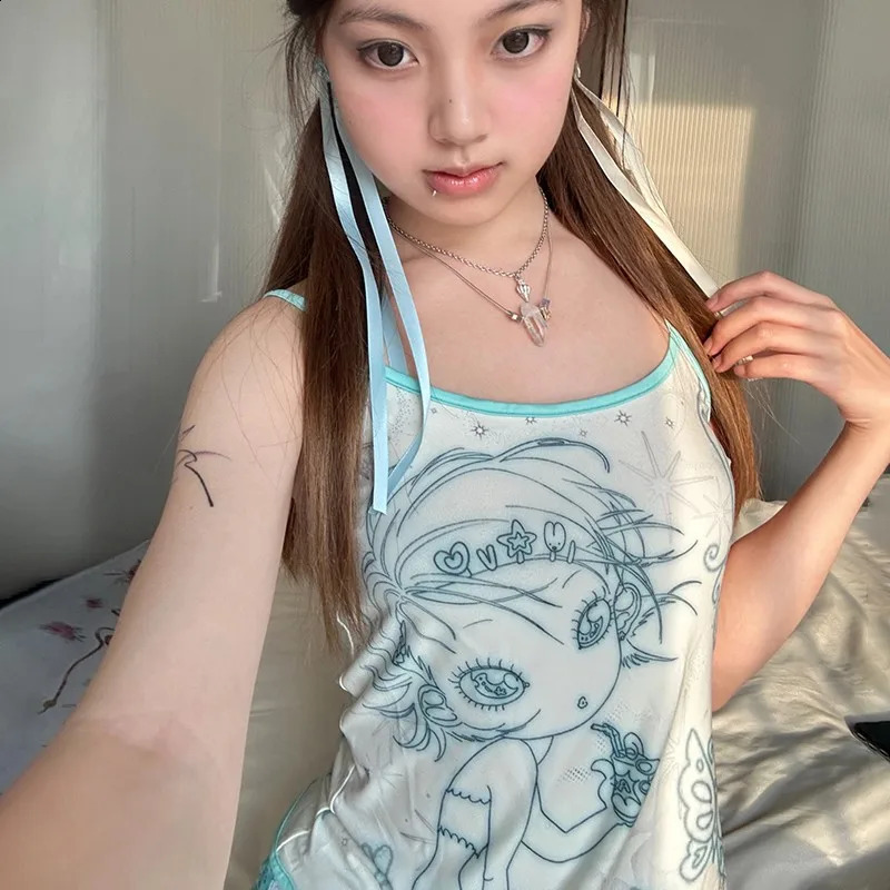 Karrram Y2k Aesthetics Cami Top Fairycore Anime Print Camisole 2000s Kawaii Crop Top Japanese Harajuku Tank Tops Grunge E-girls 240819