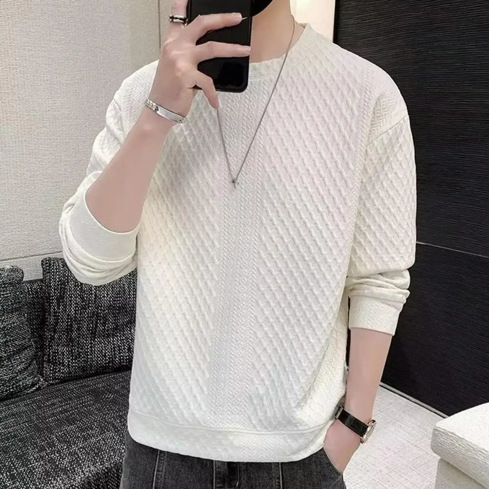 Mens daily sweater solid color comfortable mens winter thick knit round neck with waffle casual 240819