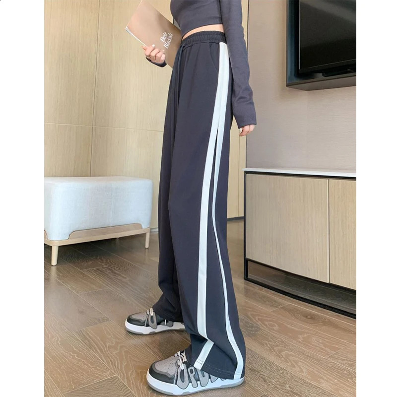Women Trendy Casual Streetwear Harajuku Y2K Wide Leg Pants Korean Striped Pockets Straight Sweatpants High Waist Pantalones Z260314