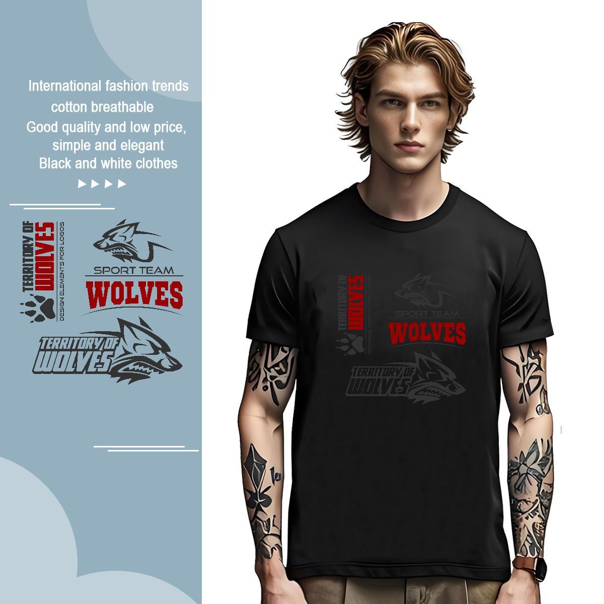 Loose T Shirts Men wolf Short Sleeve O-Neck Street Plus Size Cartoon 230g Pure Cotton Men Tops Tees Customized Tshirts