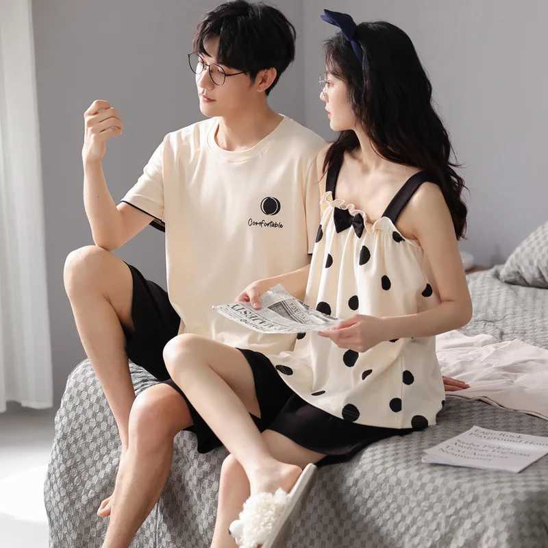 Cotton womens sleepwear set summer short sleeved sleepwear Korean cute sleepwear short sleeved mens couples sleepwearW240719