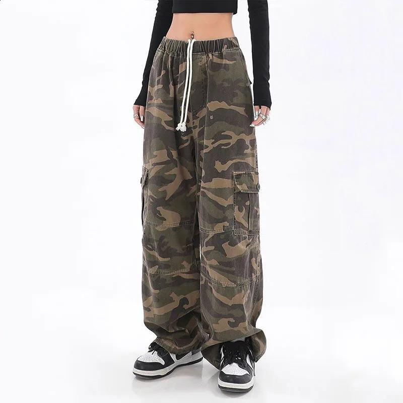 Streetwear Women Oversize Camouflage Cargo Pants Drawstring Elastic Waist Pockets Spring Autumn Vintage Fashion Casual Trousers Z260314