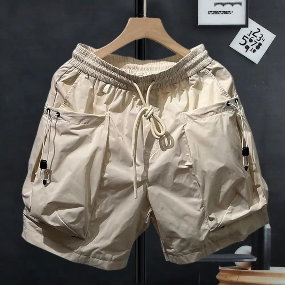 Casual cargo shorts mens loose elastic waist brushed summer large pocket soft sports 240819