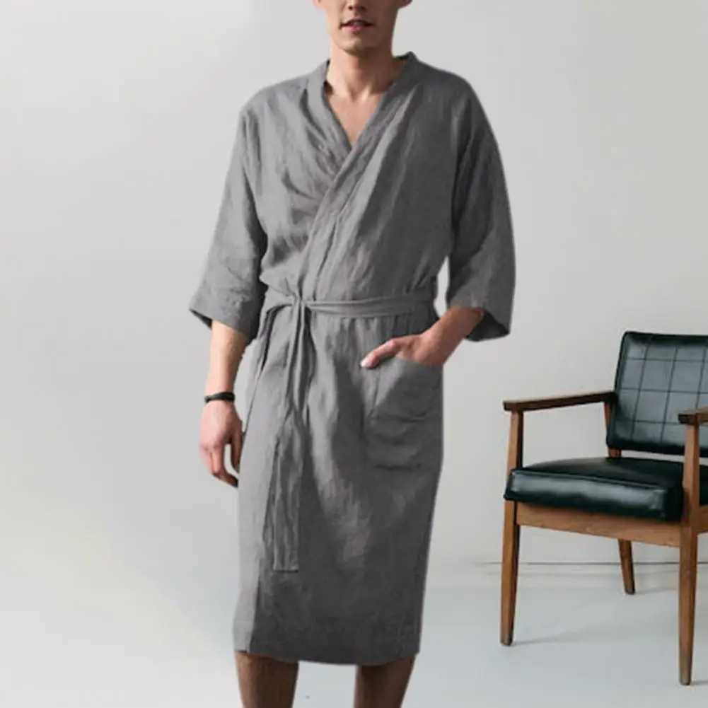Mens evening gown mens yukata soft lace open top pajamas three quarter sleeve pockets loose mens bathroom evening gownW240719