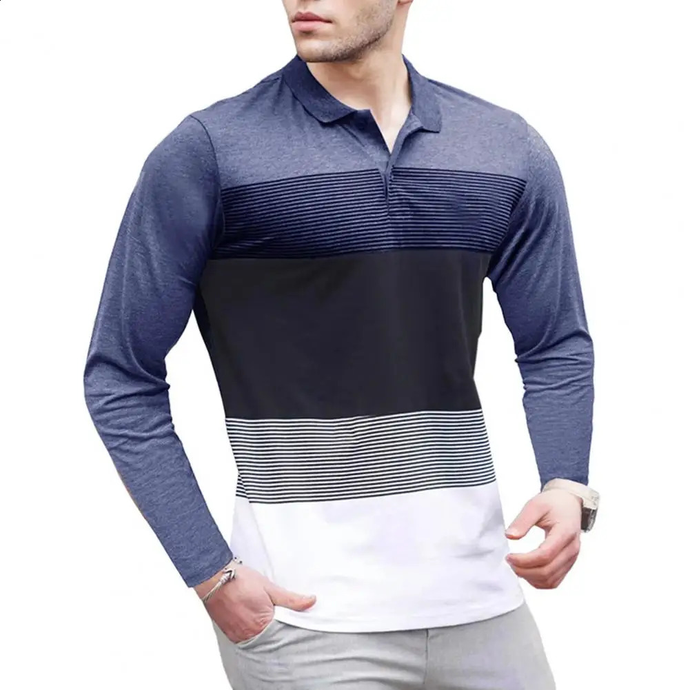 Lapel Button Half Opening Shirt Mens Striped Print Pullover Shirt with Stretchy Long Sleeves for Fitness Business Wear Autumn 240820