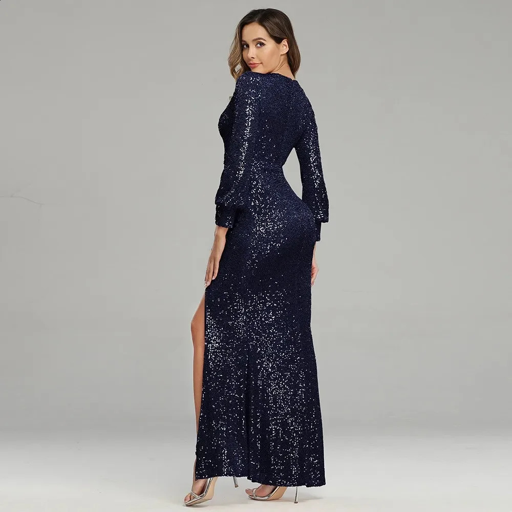 Cross-border Socialite Style Party Dress Long Sexy High Side Slit Long Sleeve Sequins Evening Dress For Women 240819