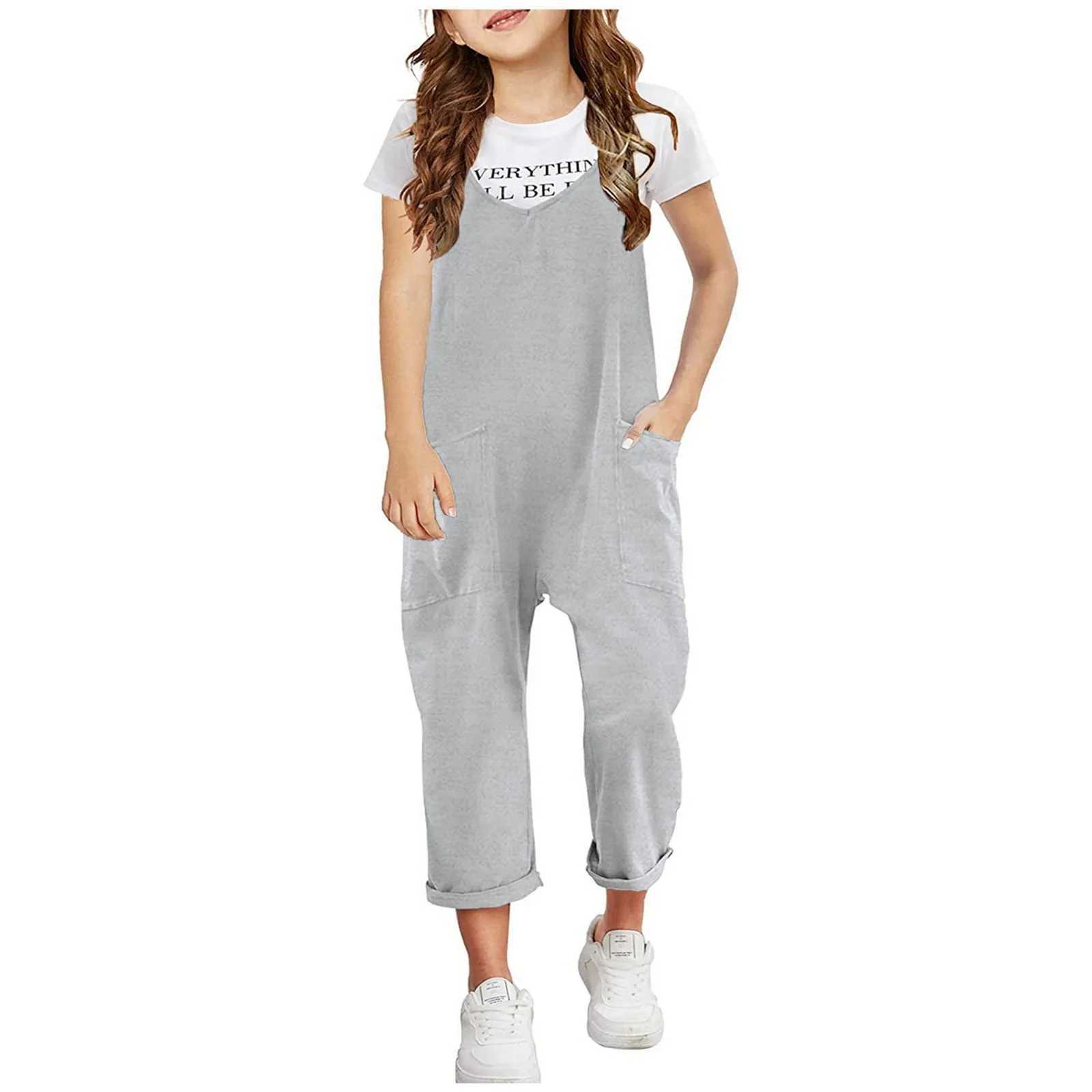 Girls casual sleeveless jumpsuit with spaghetti straps comfortable loose top pants pocket thin lotus dress W240806