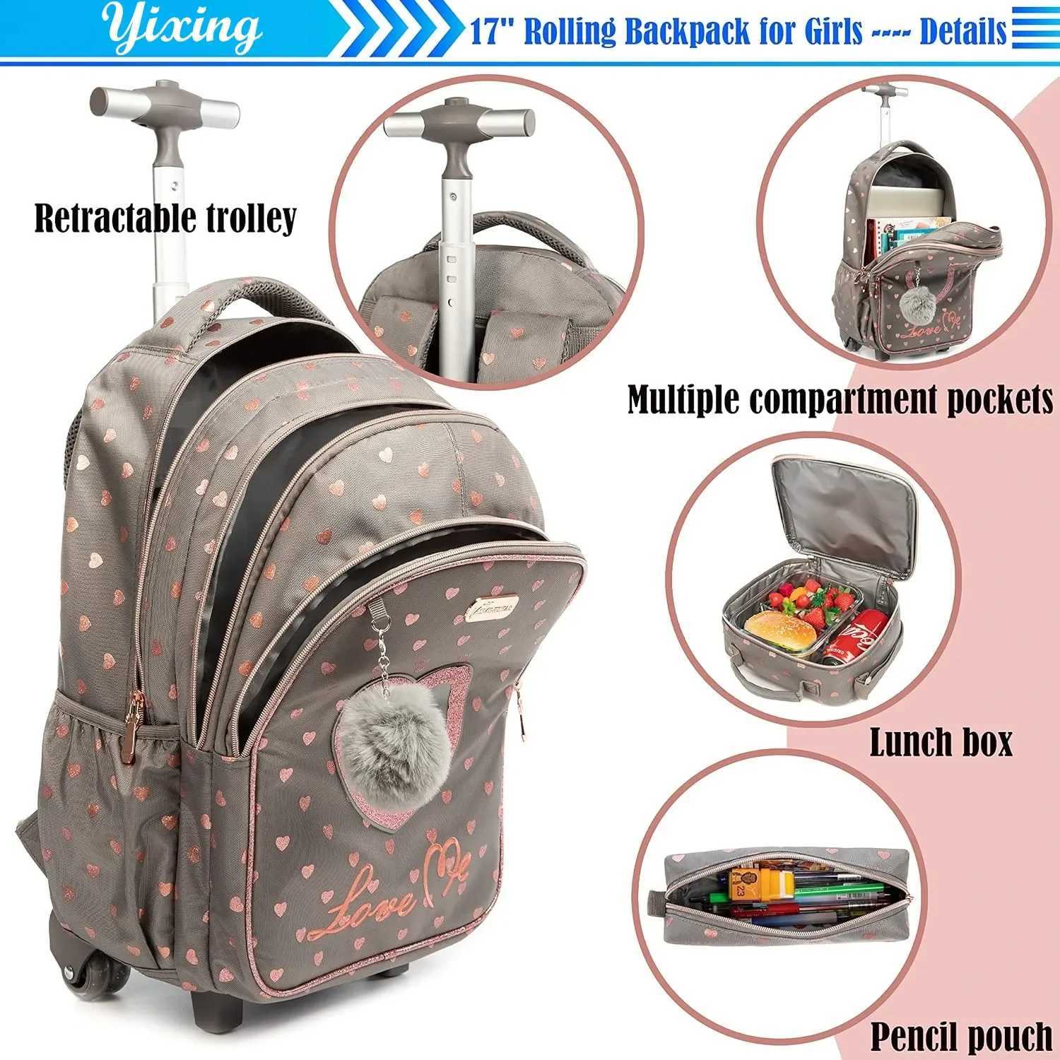 Childrens Wheeled Backpack Bag Set with Lunch Box School Rolling Backpack Bag with Wheels School Trolley Backpack Bag for Girls Y240820