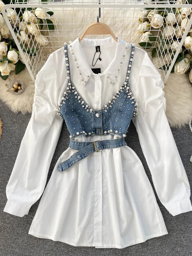 Spring and Autumn Warm Shirt Womens Collar Beaded Stacked Beads Blusa Strap Waist Coat C Fashion Two piece C814 240819