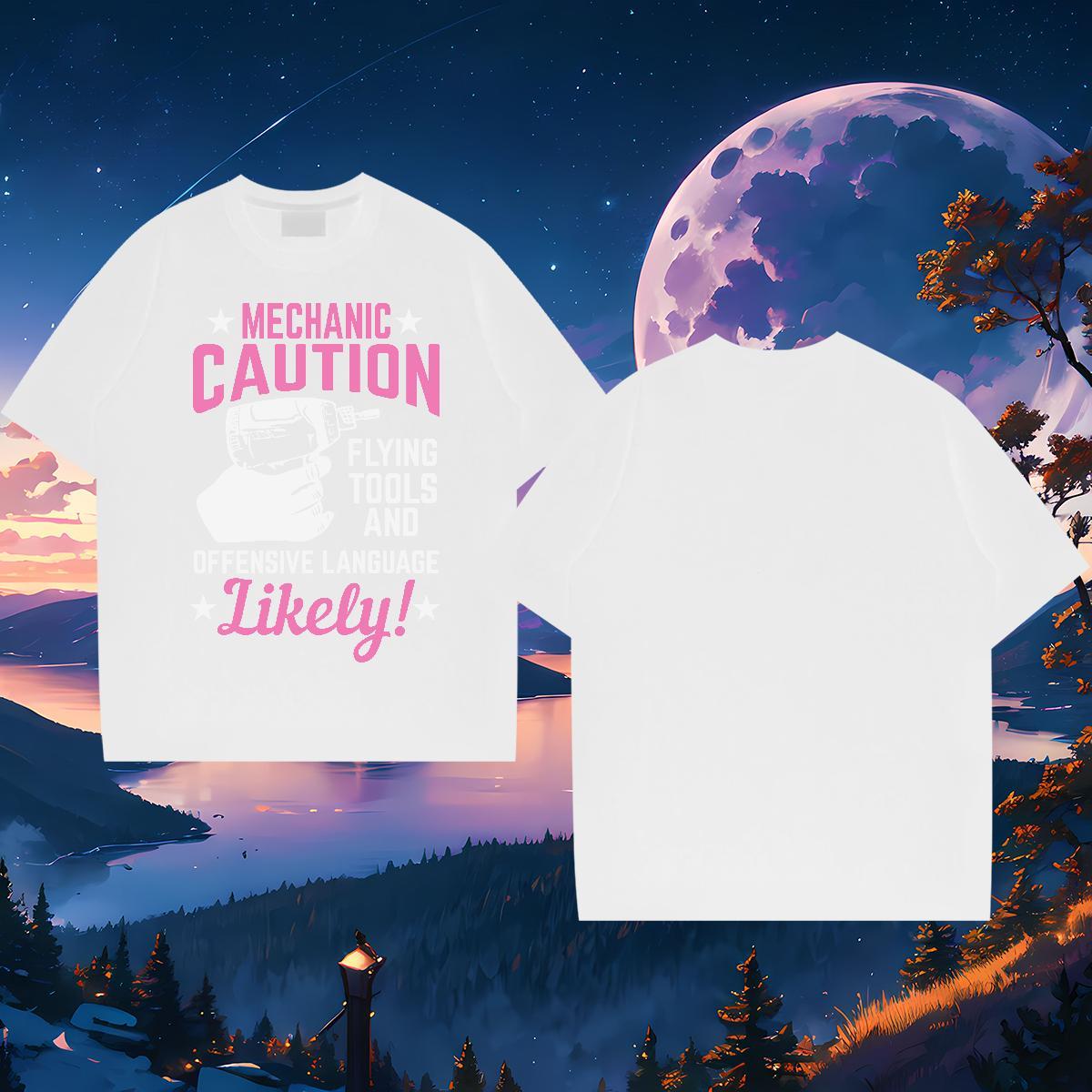 Brand mechanic caution 100% Cotton 230g Men Tees Spring Summer Breathable Short Sleeve Mens T Shirts 2024 DIY Printed Clothes