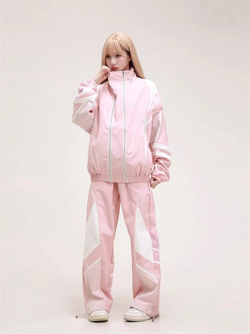 2piece American style High Street Sports Wear womens color matching jacket sports pants Hip Hop Dance Tracksuit set 240819