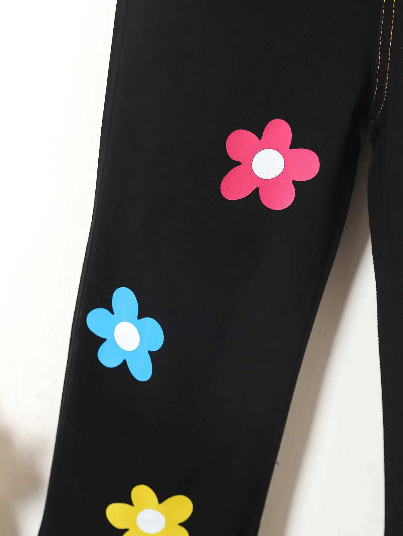 New Autumn Girl Cute Casual Fashion Printed Pants Outdoor Retro Trend Loose Black Jeans Elastic Waist Straight PantsW240819