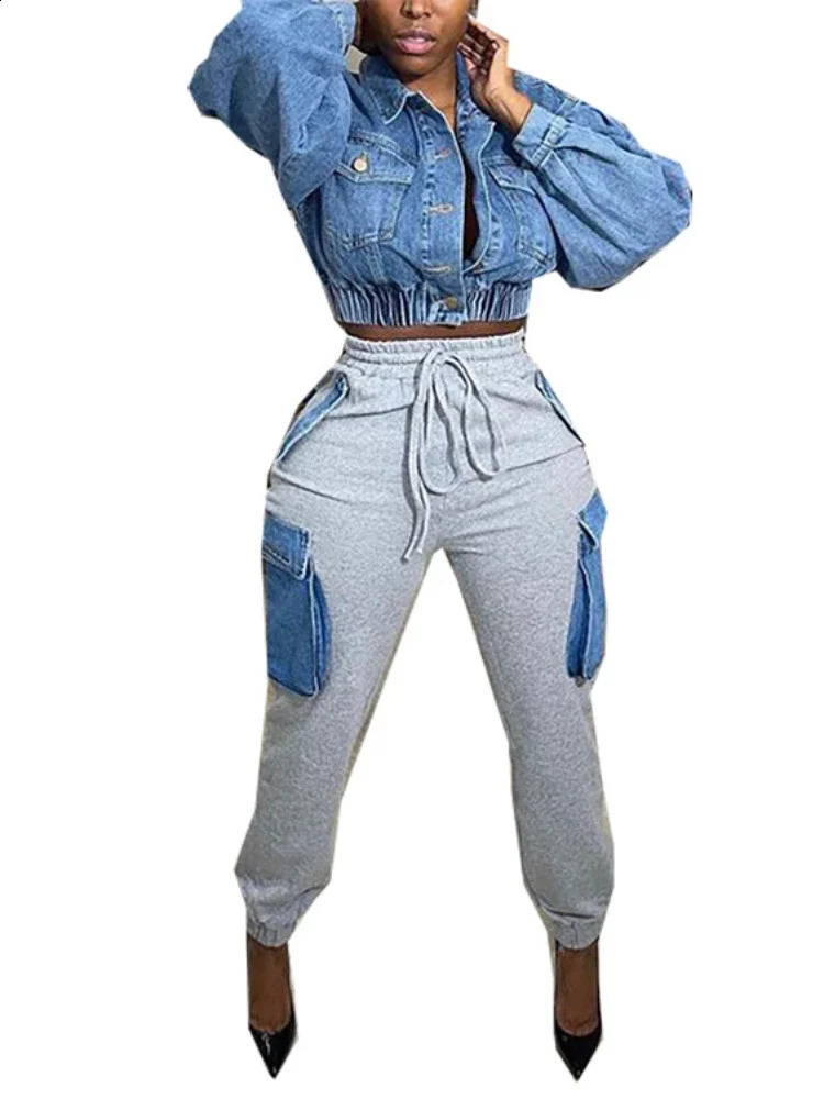 Women Streetwear Fashion Multi Denim Pocket Jogger Pants Autumn Winter Safari Style Cargo Sweatpants Trousers 240819
