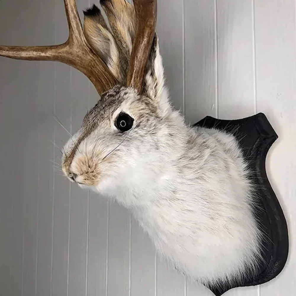 Antler Rabbit Head Wall Mount 3D Simulation Rabbit Furry Animal Taxidermy Easter Home Living Room Backdrop Decoration 240819