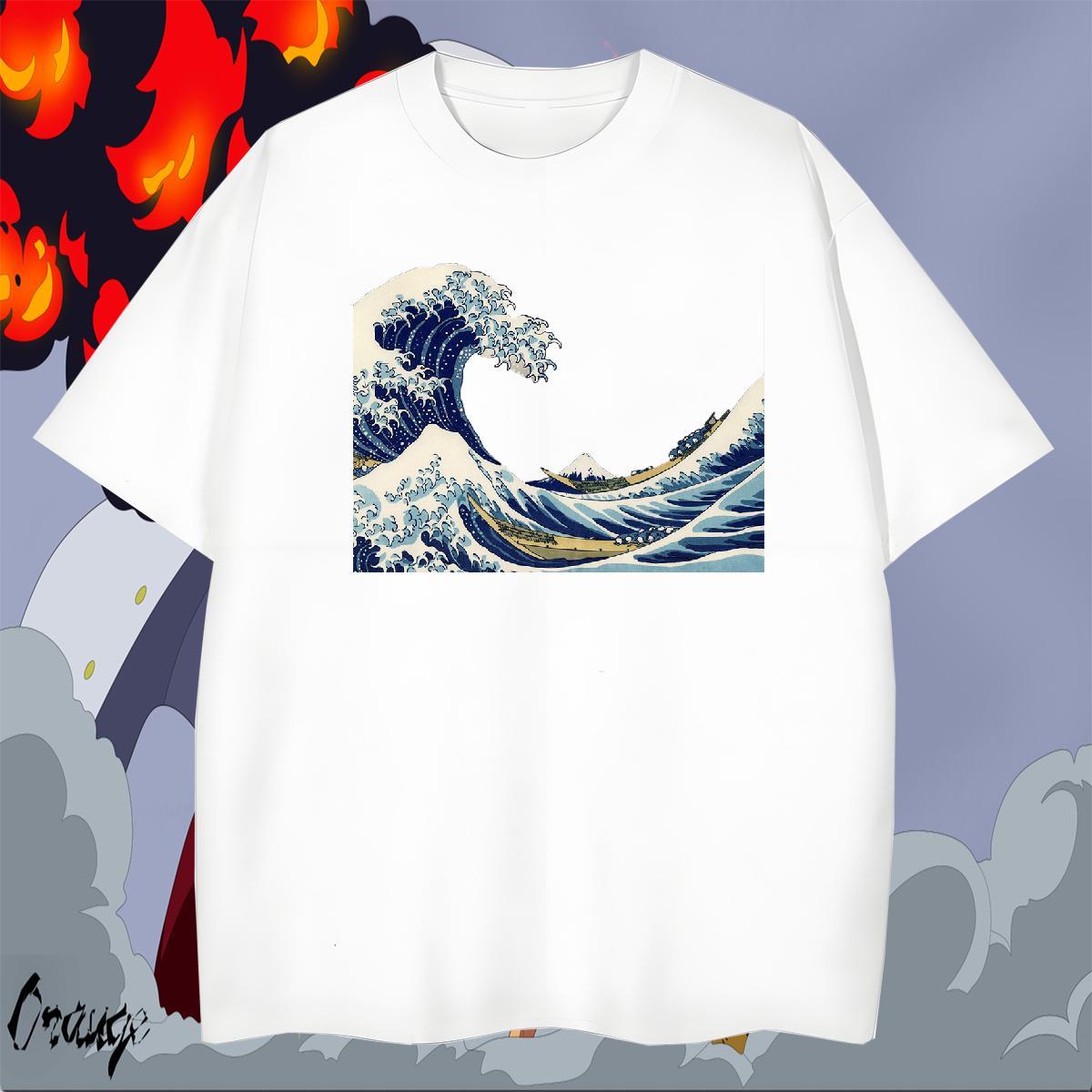 Comfortable Men Tops Tees Hip Hop 100% Cotton 230g Graphic Breathable Crew Neck sea wave Mens T Shirts Classic Casual Clothes