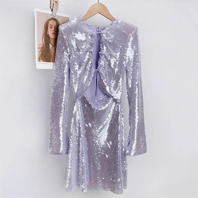 elegant party dresses woman Autumn Fashion Glitter Decorative Long Sleeve Mini Dress Sexy hollow out Short dresses y2k 240819