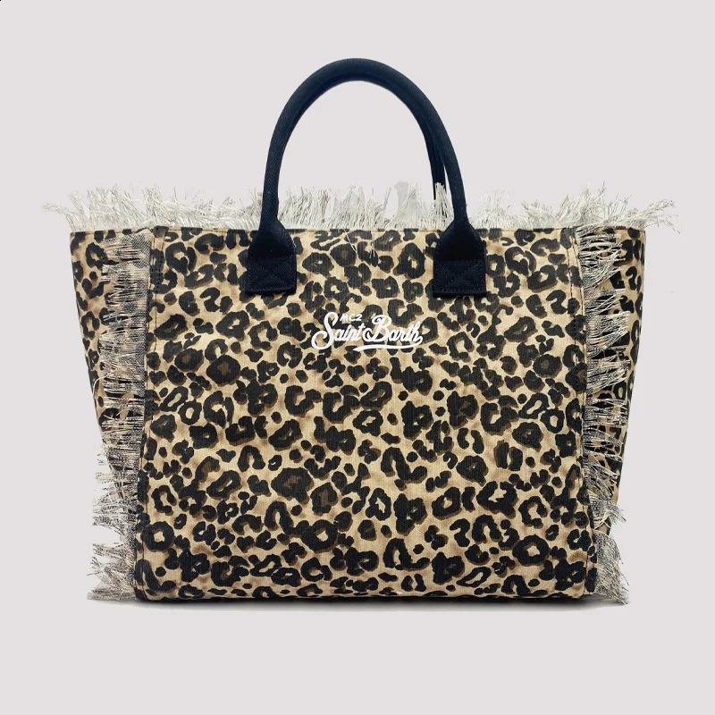 high-capacity leisure tourism leopard print canvas handmade tassel handbag tote bag 240819