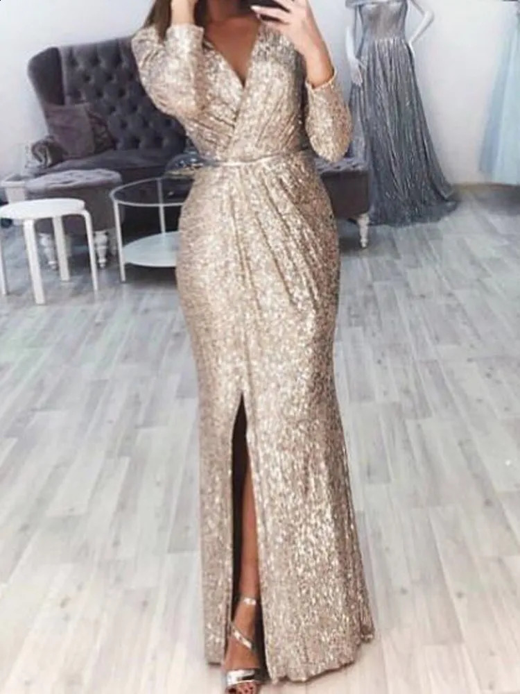 Autumn Winter Womens Dress Sequin V-neck Long Sleeved Waist Sexy Split High End Casual Fashion Elegant Dress Womens Dress 240819