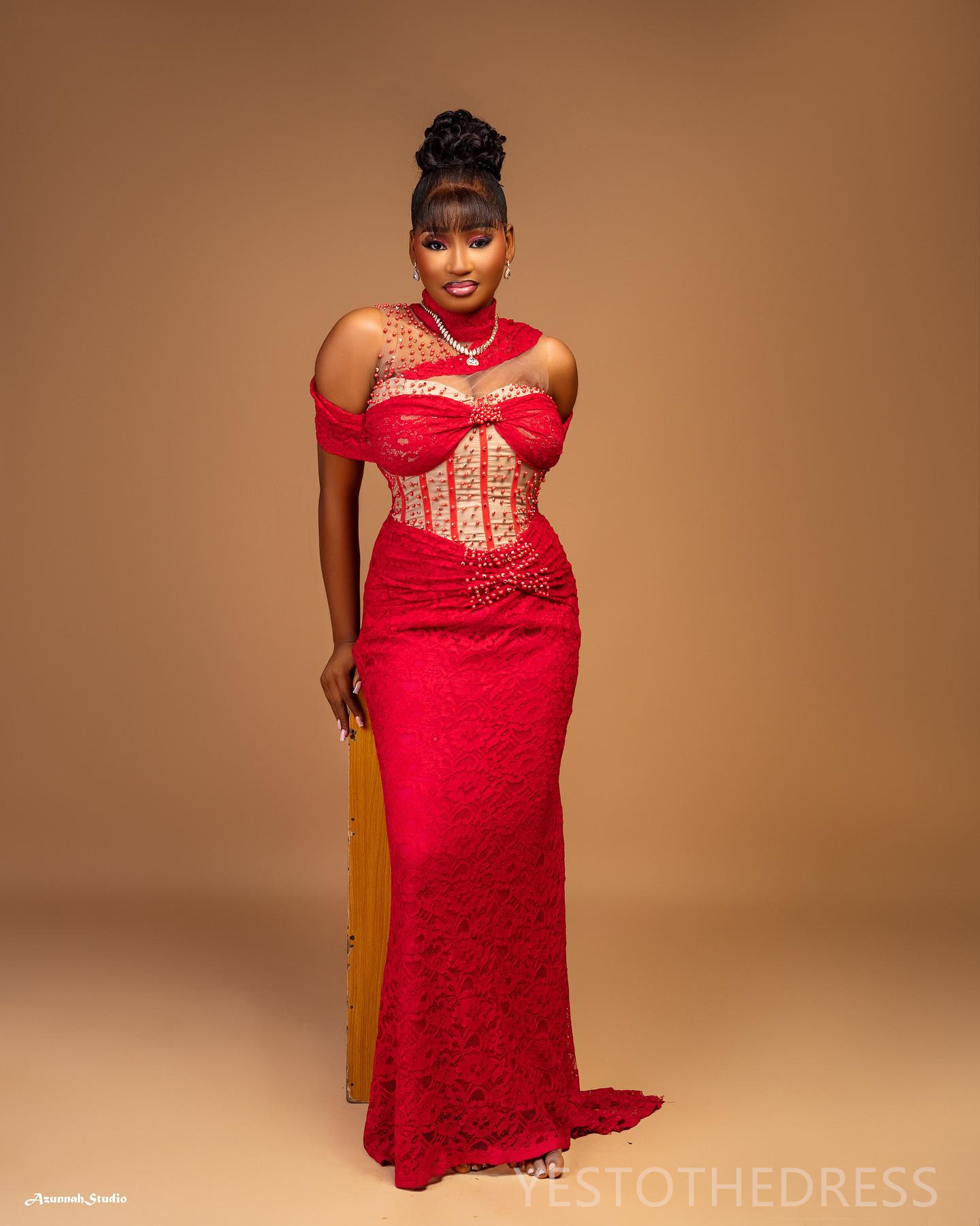 R&W 2024 Aso Ebi Red Prom For Special Ocns Evening Dresses Elegant Illusion Promdress High Neck Mermaid Beaded Lace Birthday Dress Reception Gowns AM1