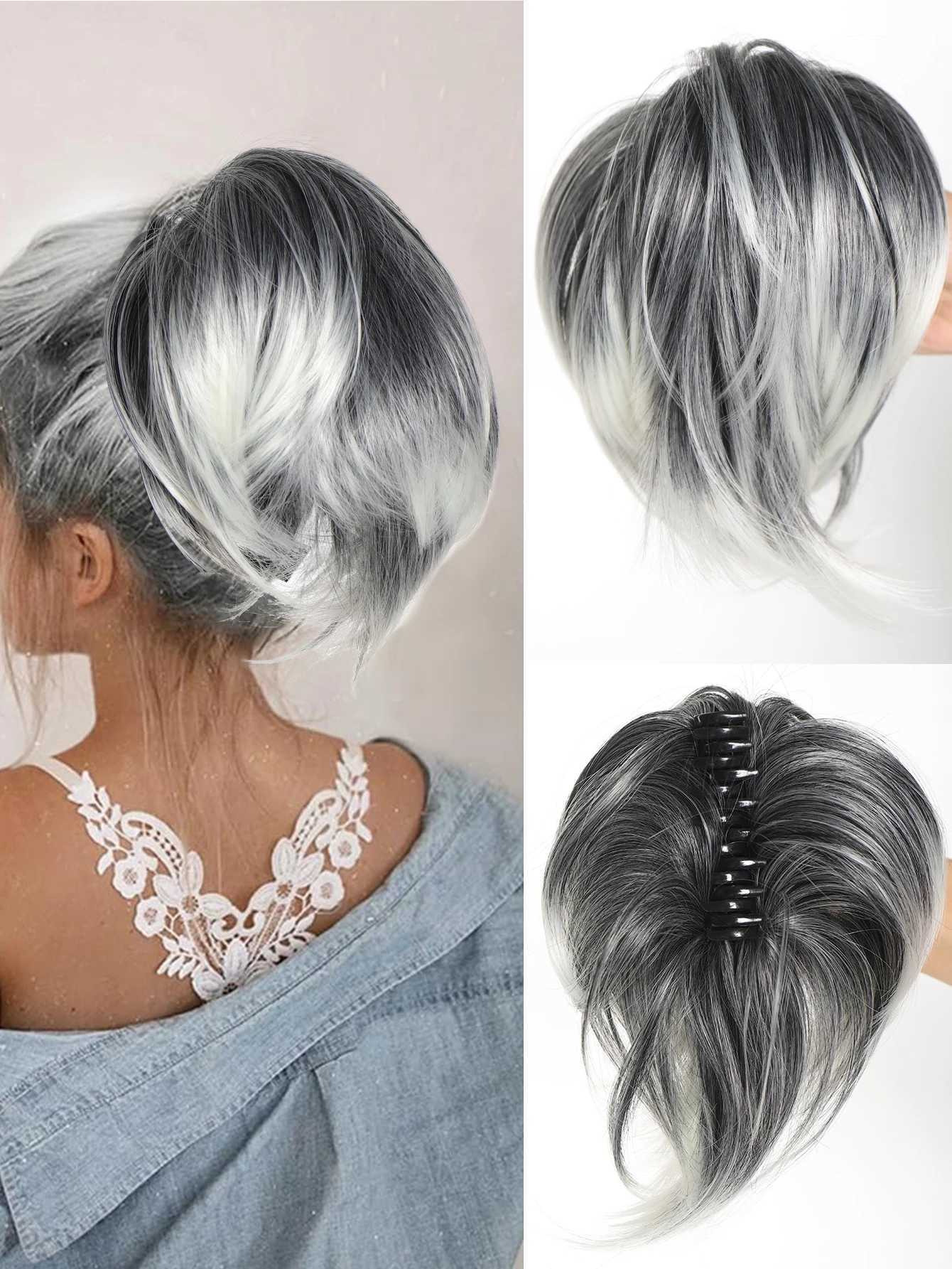 Synthetic Claw Clip DIY Short Ponytail Hair Extension Bent Metal Bread Hair Flaps Wig Messy Straight Hair Suitable for Women W240817