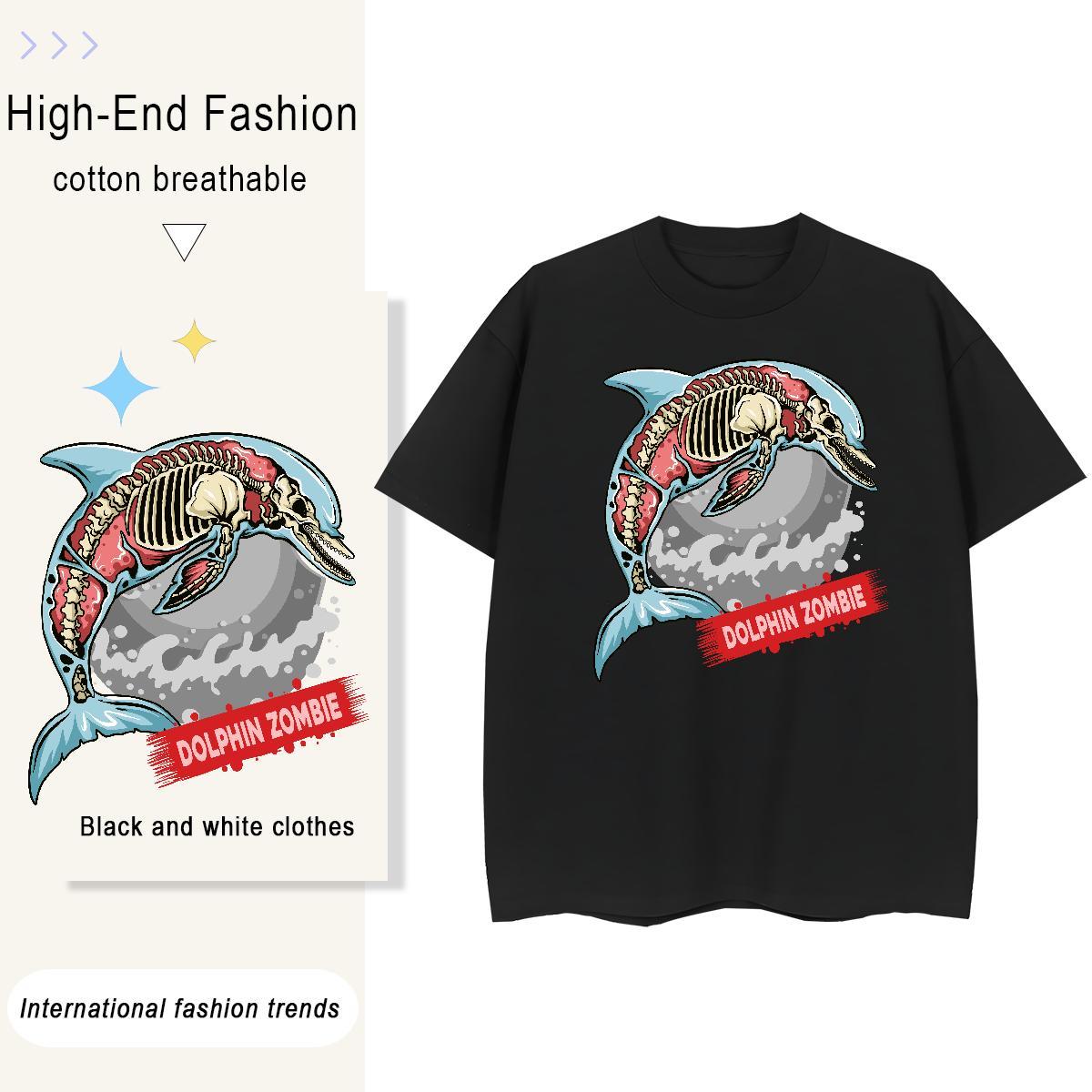 DIY Men Clothes T-Shirt dolphin Spring Summer 230g Cotton Tops Shirt Breathable Crew Neck Loose T Shirt For Man Black Oversized