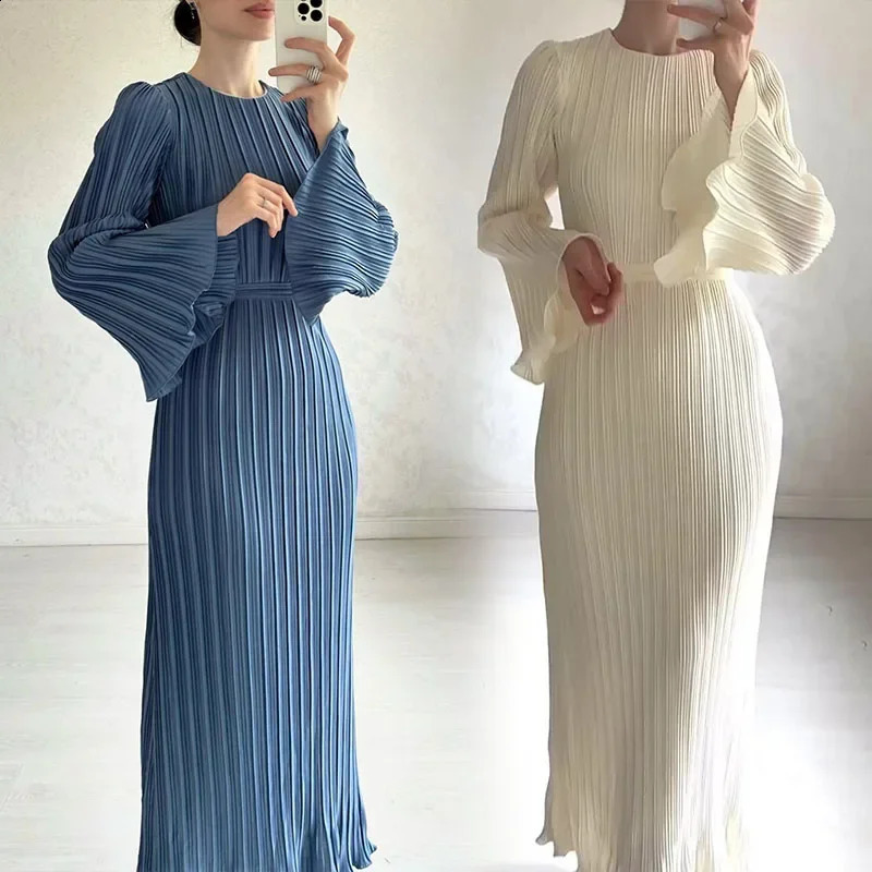 Elegant Pleated Dress Women Round Neck Belt Gathered Waist Solid Color Long Dresses Party Spring 240819