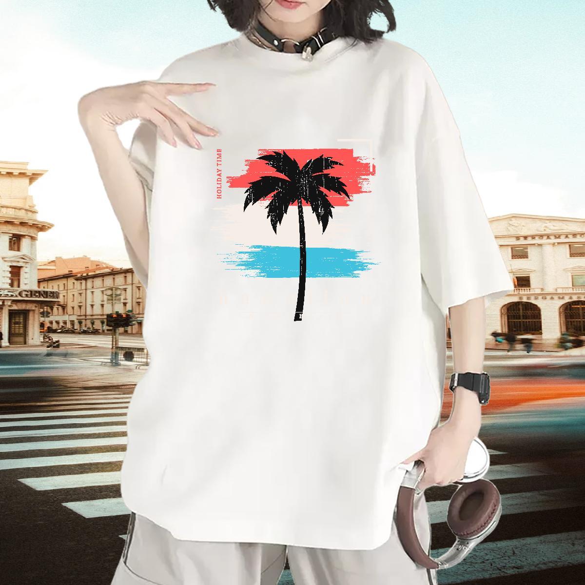 Fashion Womens Tshirts Hip Hop Street Breathable Soft Tees Shirts Popular 230g Pure Cotton tree Cartoon Floral Printing T-Shirts for Women