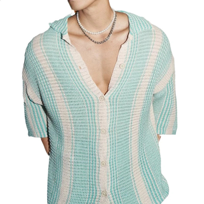 Streetwear Mens Y2K Shirts Knit Lapel Buttoned Short Sleeve Shirt Casual Men Knitwear Contrast Color Patchwork Knitted Shirt 240819