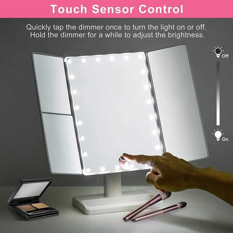 Trifold Makeup Mirror With 22 LED Lights10X/3X/2X Magnification Portable Fold Lighted Table Desk Cosmetic Mirror Y240819