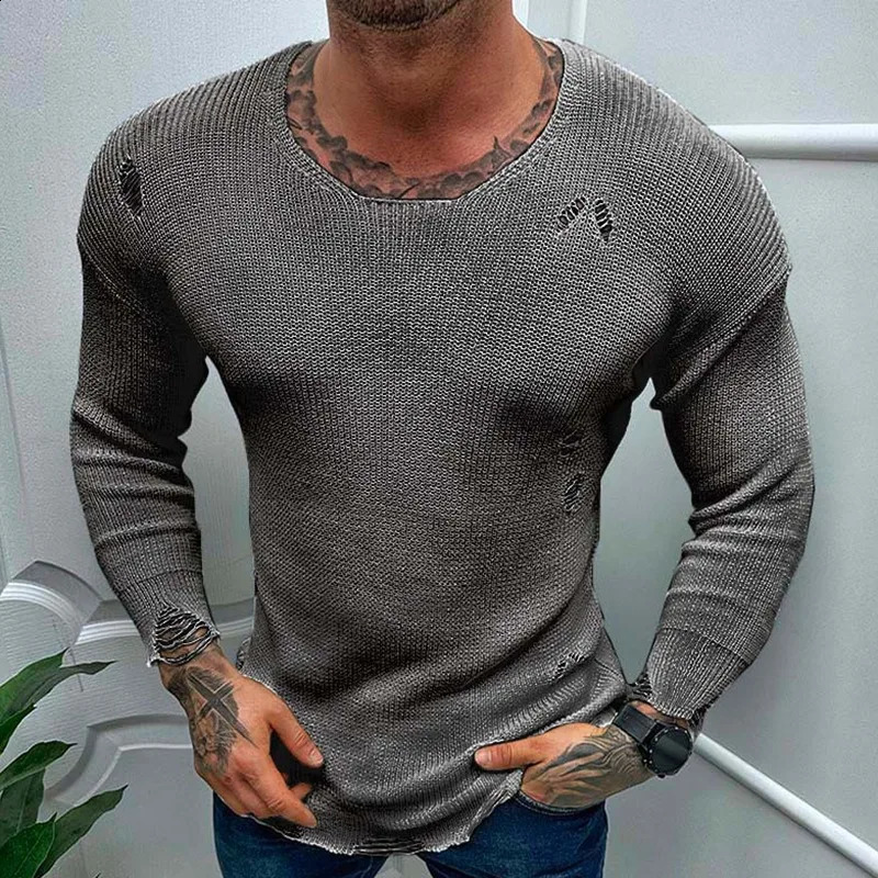 Mens casual top for spring and summer fashion solid knit long sleeved torn sweater mens Tshirt holiday streetwear chic shirt 240819