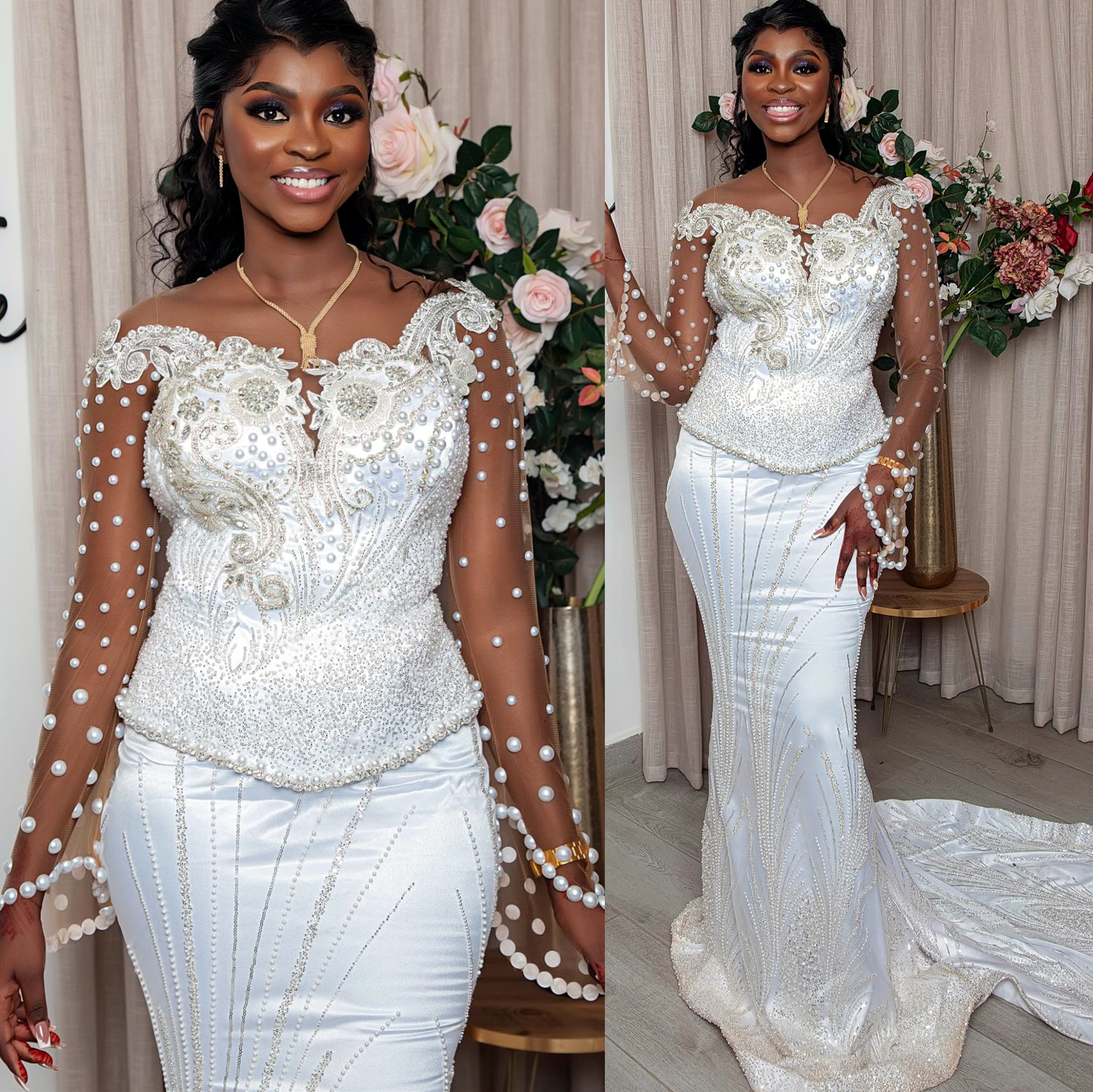 African Aso Ebi 2024 Ivory Mermaid Wedding Dress Pearls Rhinestones Full Sleeves Lace Vintage Elegant Bridal Gowns Dresses ZJ206