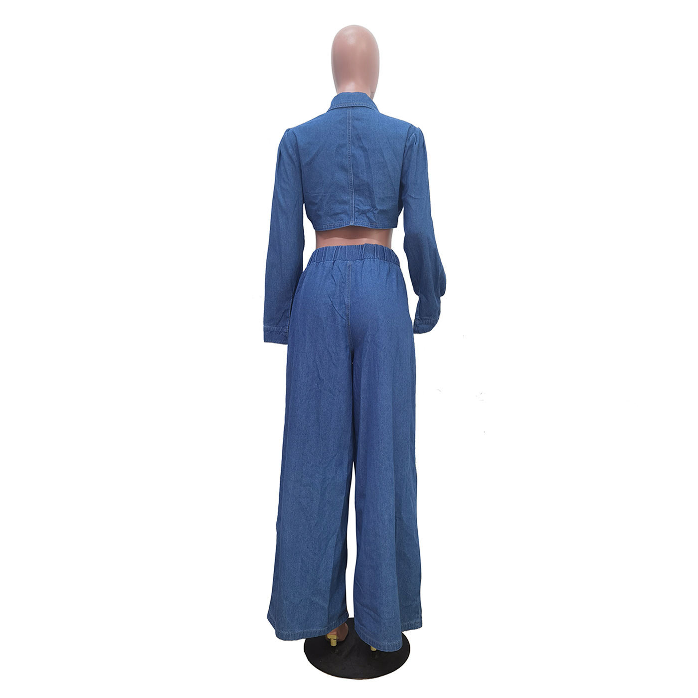 NEW Designer Fall Winter Denim Tracksuits Women Two Piece Sets Long Sleeve Bandage shirt and Wide Leg Pants Casual Outfits Solid Sweatsuits Wholesale 