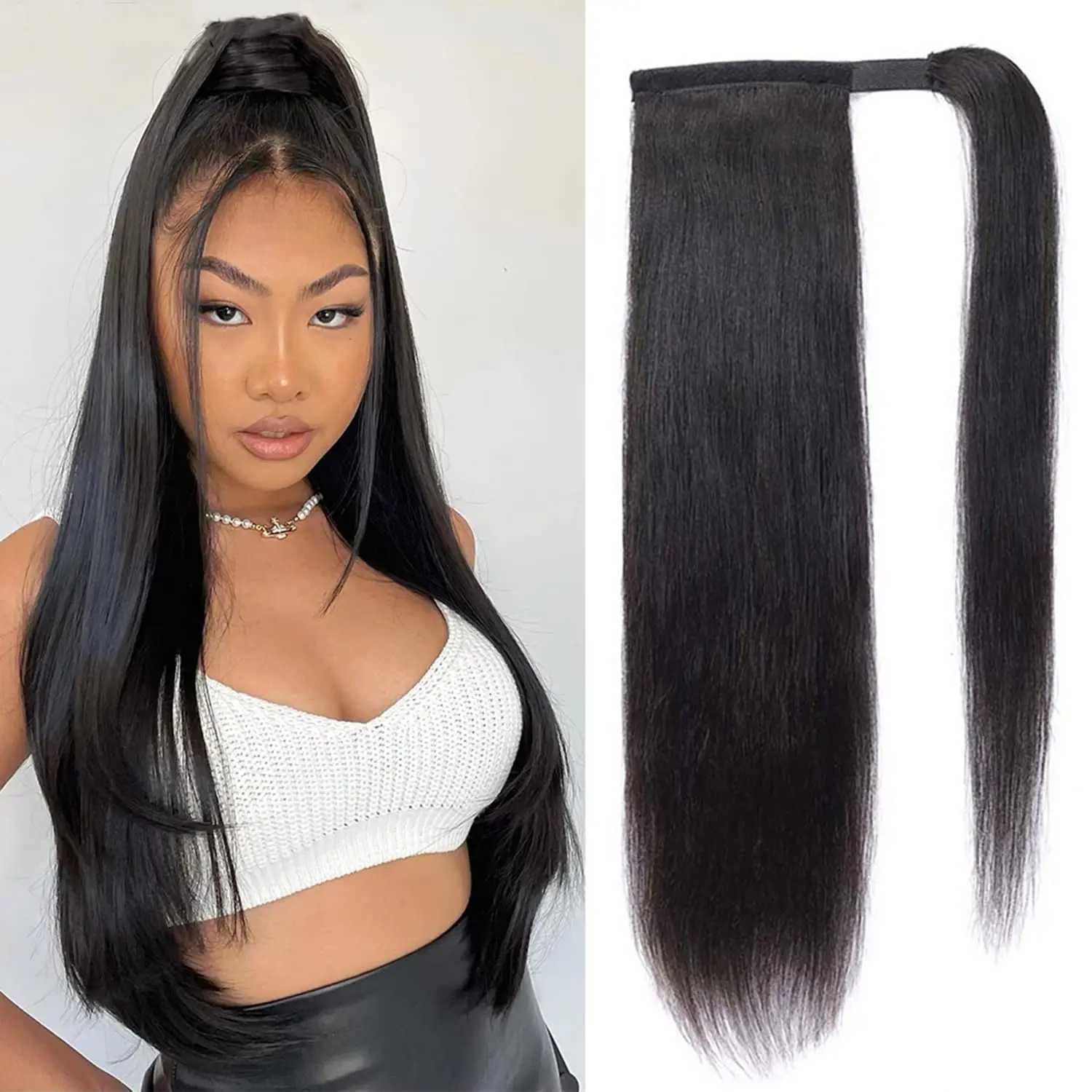 Ponytail human hair extensions straight ponytails smooth hair wrapped in hair clips natural hair extensions female wigs W240817
