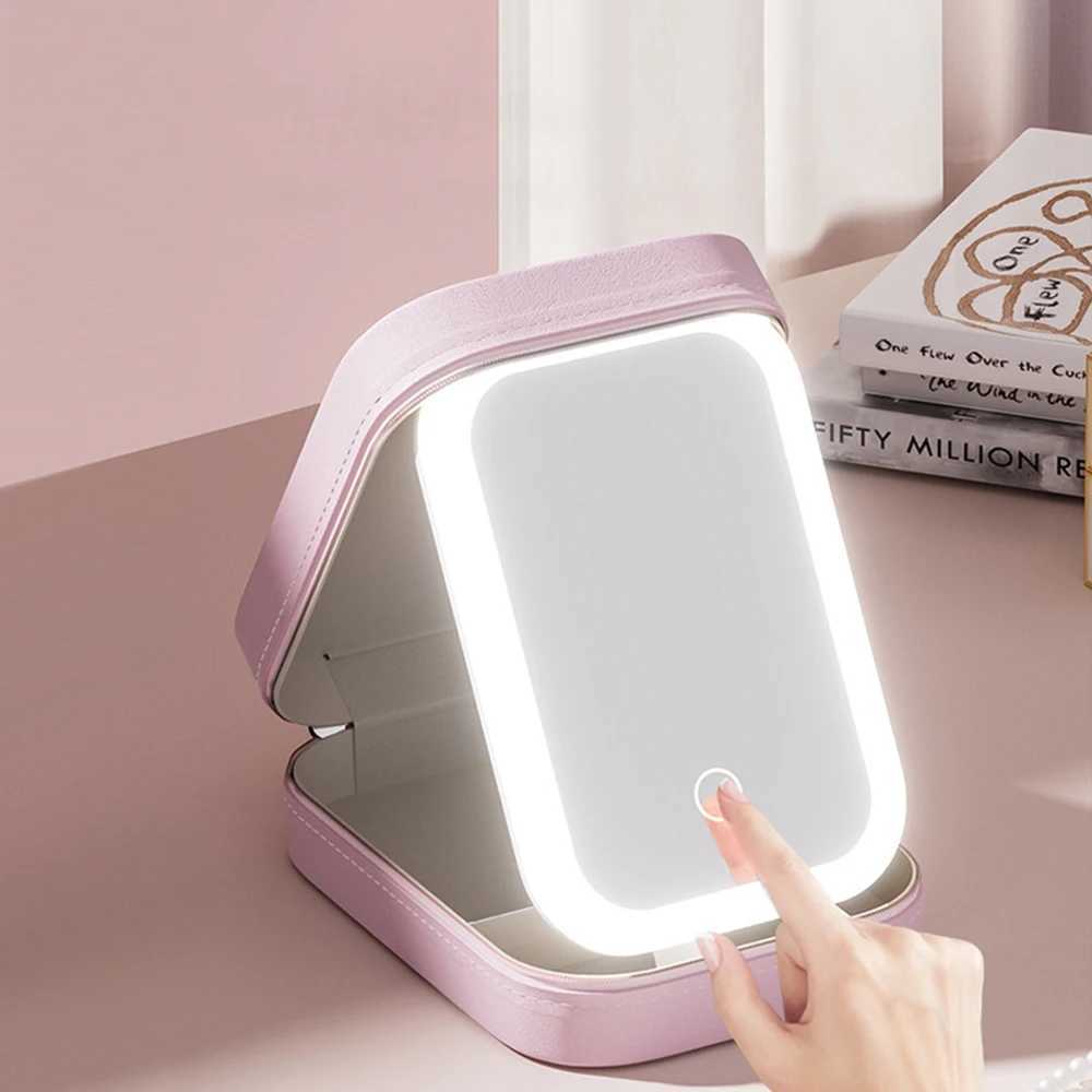 Makeup Storage Box With Led Light Mirror Portable Travel Makeup Cosmetics Jewelry Storage Box Touch Light Storage Organizer Y240819
