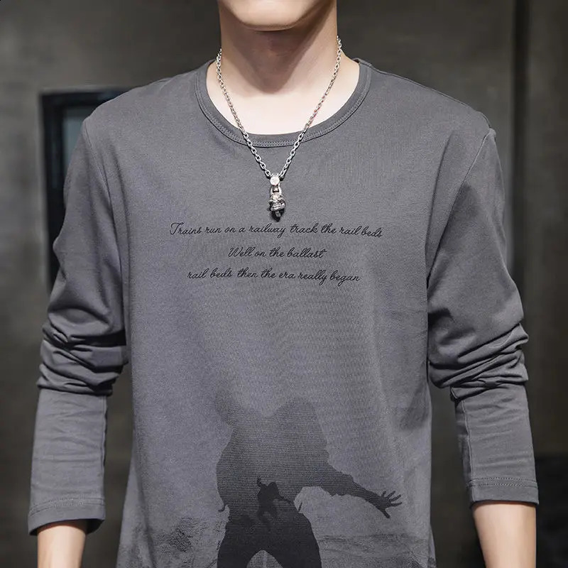 Spring Autumn Fashion Pure Cotton Round Neck Long Sleeve T-Shirts Mens Clothing Printing Letter Pullovers Korean All-match Tops 240820